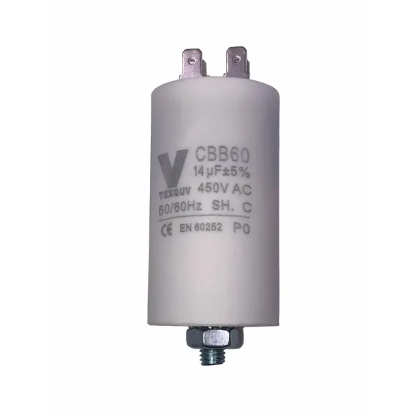 CBB60 14мкФ-450В клеммы+болт, пусковой конденсатор (71х37мм)